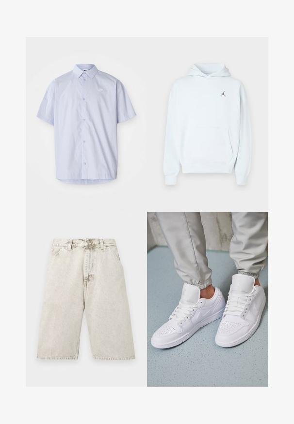 Lichtblauwe hoodie van zachte stof met een kangoeroezak, capuchon met trekkoord en een klein zwart Jumpman-logo op de borst.; Lichtblauw overhemd met korte mouwen, gemaakt van gladde stof, met een knoopsluiting en een klein wit Nike-logo op de borst.; Lichtgrijze, verweerde denim shorts met steekzakken aan de voorkant, lussen voor een riem en knoopsluiting, plat weergegeven op een witte achtergrond.; Witte leren sneakers met een geperforeerde neus, platte veters, een gepolsterde kraag en het Jordan-logo op de tong. Gediend met grijze joggers.