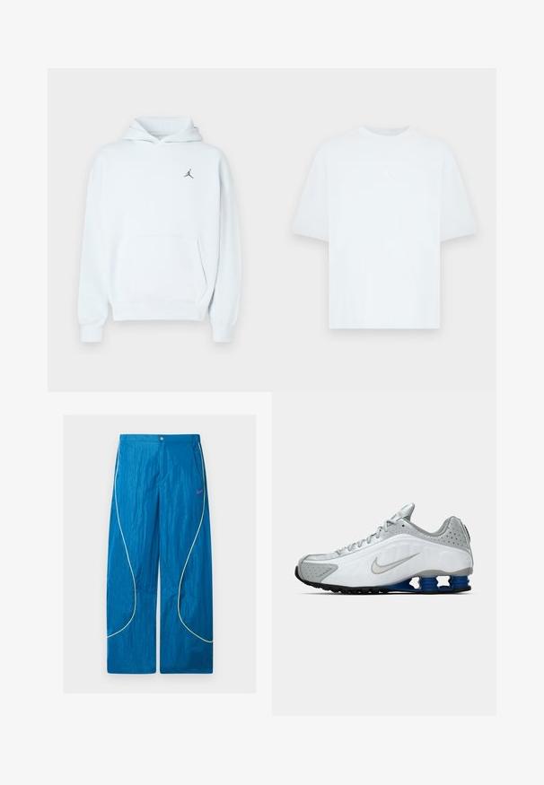 Sudadera con capucha azul claro hecha de tela suave, con un bolsillo canguro, capucha con cordón y un pequeño logo negro de Jumpman en el pecho.; Camiseta de manga corta de algodón azul claro con cuello redondo. Presenta un pequeño logo blanco de Jordan en el pecho.; Pantalones deportivos azules de pierna ancha con detalles reflectantes en amarillo y un pequeño logo rosa de Nike en el muslo derecho, cierre de botón y cremallera.; Zapatilla de running Nike en blanco y gris con el swoosh plateado, unidades de suela azul en forma de resorte y banda de rodadura negra sobre un fondo liso.