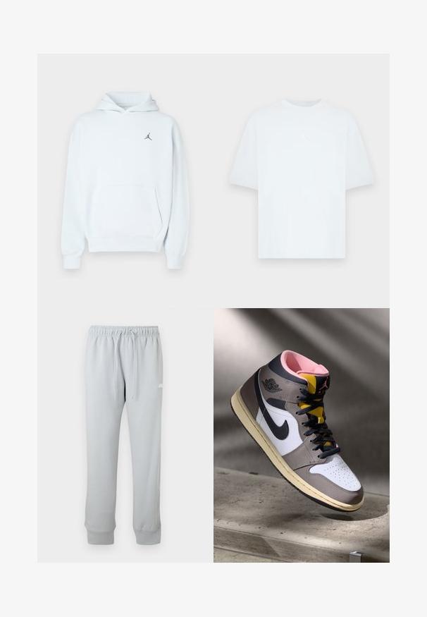 Lichtblauwe hoodie van zachte stof met een kangoeroezak, capuchon met trekkoord en een klein zwart Jumpman-logo op de borst.; Lichtblauw, katoenen T-shirt met korte mouwen en een ronde hals. Voorzien van een klein wit Jordan-logo op de borst.; Lichtgrijze Nike sweatpants met elastische tailleband, trekkoord, omgeslagen enkels en klein wit logo op de bovenkant van de linker dij.; Hoog-top Nike Air Jordan sneaker in wit, grijs en zwart met een roze interieur en gele tong, geplaatst op een betonnen oppervlak.