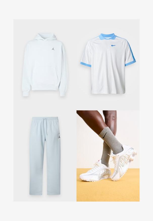 Sudadera con capucha azul claro hecha de tela suave, con un bolsillo canguro, capucha con cordón y un pequeño logo negro de Jumpman en el pecho.; Camisa deportiva blanca de Nike con cuello azul claro, bordes de las mangas y rayas en los hombros, que presenta un pequeño swoosh azul de Nike en el pecho.; Pantalones deportivos azul claro hechos de tela suave, con cintura elástica y cordón ajustable, dos bolsillos laterales y un detalle de logo negro.; Zapatillas Nike en blanco con detalles plateados, con paneles texturizados y perforaciones. Combinadas con calcetines grises acanalados, sobre un fondo amarillo.