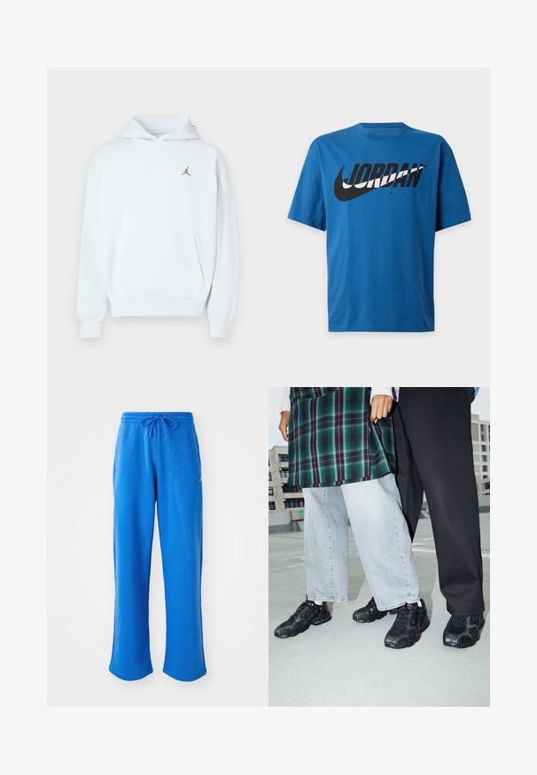 Sweat à capuche bleu clair en tissu doux avec une poche kangourou, une capuche à cordon de serrage, et un petit logo Jumpman noir sur la poitrine.; T-shirt bleu à manches courtes avec un grand swoosh Nike noir et blanc et le texte "JORDAN AIR" imprimé sur la poitrine.; Jordan PANT - Pantalon de survêtement - sport blue/white; Baskets de sport noires avec des accents en mesh et en caoutchouc. Portées avec un jean large gris clair et un haut à carreaux vert. Fond à surface plane.