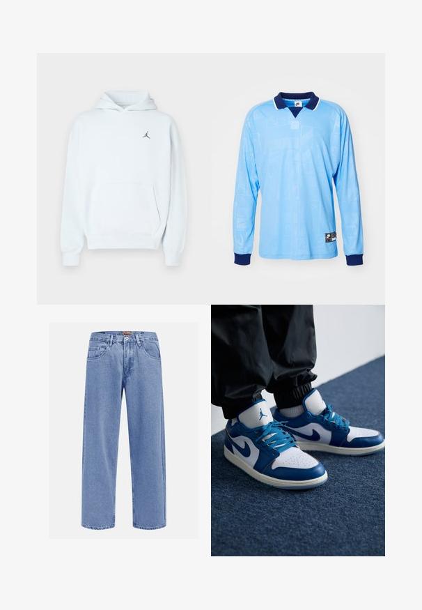 Hellblauer Hoodie aus weichem Stoff mit Kängurutasche, Kapuze mit Kordelzug und kleinem schwarzem Jumpman-Logo auf der Brust.; Hellblauses Langarm-Polohemd mit marineblauem Kragen und Bündchen, das ein dezentes Allover-Muster und Nike-Logoprint am unteren Saum aufweist.; Hellblaue Denim-Jeans mit geradem Bein, vorne und hinten Taschen, Gürtelschlaufen und Knopfverschluss in der Taille.; Die Nike Air Jordan Sneakers verfügen über eine weiße Lederbasis mit blauen synthetischen Akzenten, einer perforierten Zehenbox und blauen Schnürsenkeln.