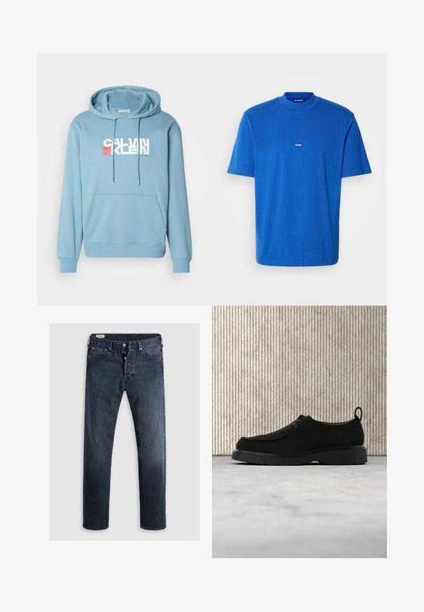 Lysblå hættetrøje med justerbare snore, frontlomme og hvidt logo med røde detaljer. Fremstillet af blødt stof, afslappet pasform.; Blå bomulds T-shirt med korte ærmer, rund hals og et lille logo-patch på brystet. Glat tekstur med en afslappet pasform.; Mørkeblue denimjeans med lige ben, der har lynlås i fly, metalknapper og kobbernitter. Glat tekstur, ingen synlige mønstre.; Sort lædersko til fritid med snørebånd, tyk sål og træksnor, placeret i luften over beige tæppe med brunt rundt møbel i baggrunden.