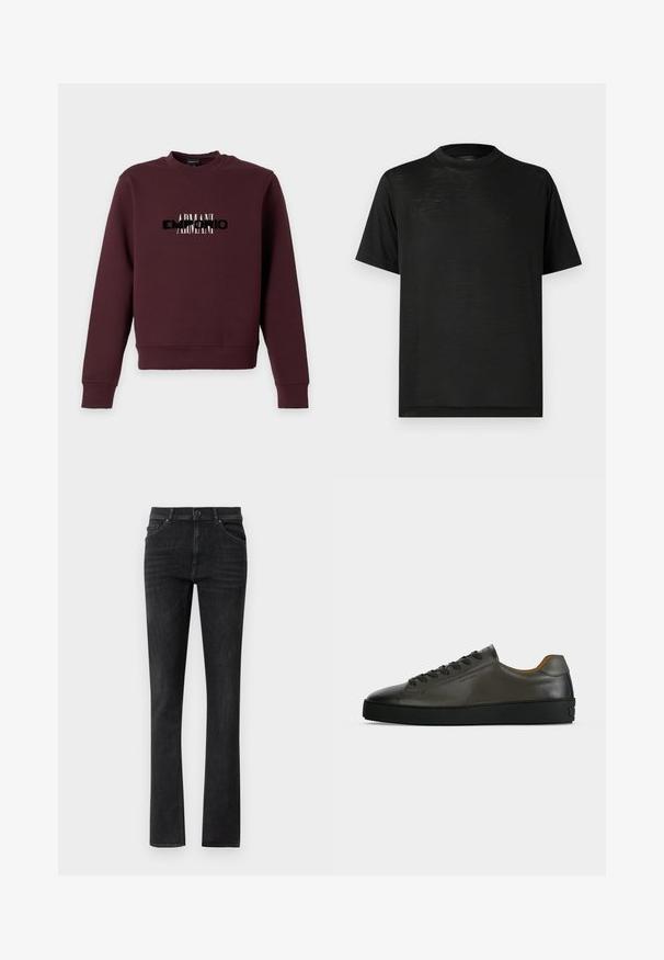 Donkerrode trui met lange mouwen en zwart-wit overlappend "ARMANI" tekstlogo op de borst, ronde hals en geribbelde boorden en zoom.; Zwart T-shirt met korte mouwen en een hoge hals, met een gladde textuur en subtiele glans, gemaakt van lichtgewicht stof. Geen zichtbare logo's.; Zwarte denim jeans met een rechte pijp, voorzien van steekzakken en een knoopsluiting. Glad textuur met subtiele vervaging.; Donkergrijze leren lage sneaker met zwarte veters en zool, minimalistisch ontwerp, zijaanzicht op een effen lichte achtergrond.