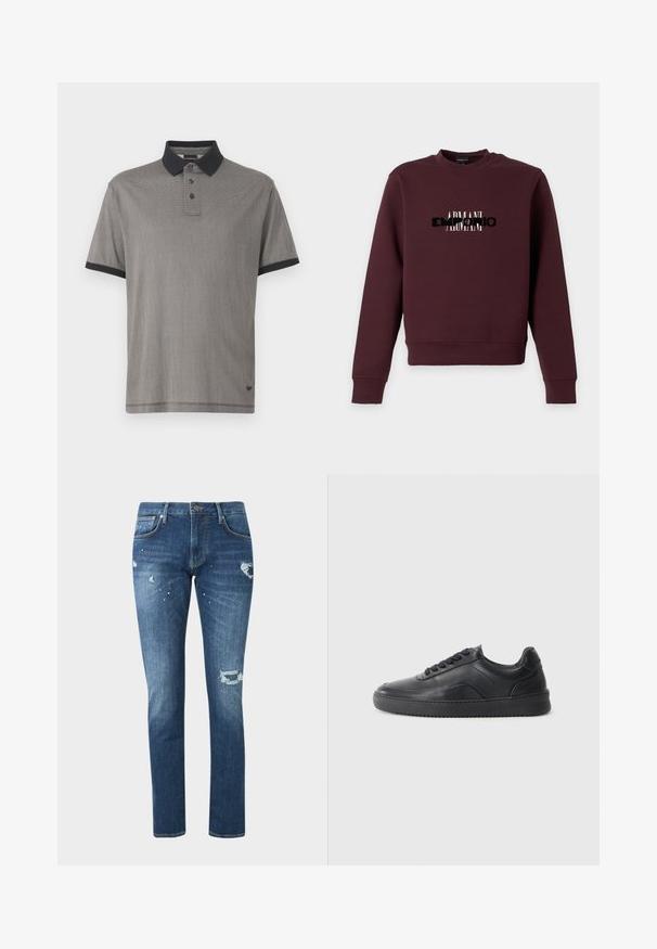 Vinrød sweatshirt med lange ærmer med sort og hvid overlappende "ARMANI" tekstlogo på brystet, rund halsudskæring og ribbet manchet og kant.; Kortærmet polo t-shirt i sort og grå ternet mønster, med en sort krave og placket med tre knapper. Blødt stof med en glat tekstur.; Blå slim-fit jeans med slidte detaljer og malingstænk, med forlommer og knaplukning på en ensfarvet baggrund.; Sorte lædersneakers med en glat finish, rund tå, struktureret sidelæder og sorte snørebånd. Har en flad gummisål og et minimalistisk design.