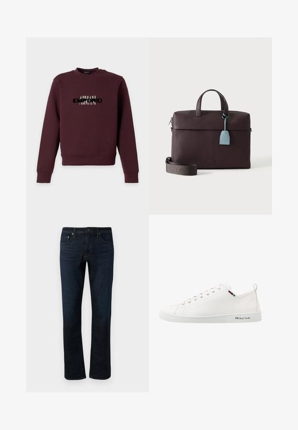 Bordeauxrotes Sweatshirt mit langen Ärmeln und schwarzem sowie weißem überlappendem "ARMANI" Textlogo auf der Brust, Rundhalsausschnitt sowie gerippten Bündchen und Saum.; Dunkelblaue Denim-Jeans mit geradem Bein, ausgestattet mit einem klassischen Fünf-Taschen-Design und subtilen Steppdetails.; Weiße Leder-Sneaker mit glatter Textur, runder Zehenpartie und kontrastierendem Farbstreifen-Detail in der Nähe der Schnürsenkel. Verfügt über eine Gummisohle und eine markierte Seite.; Dunkelbraune Leder-Aktentasche mit oberen Griffen, abnehmbarem Schulterriemen und hellblauem Lederanhänger, der von einem Griff hängt.
