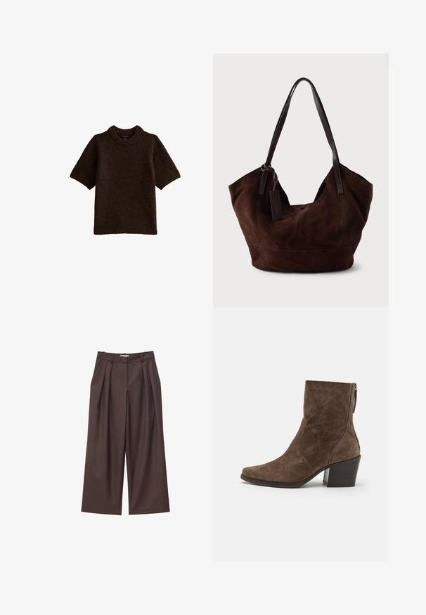 Pull en tricot marron à manches courtes avec un col rond côtelé et une texture douce et duveteuse.; Pantalon marron taille haute à jambes larges avec plis sur le devant, passants pour ceinture et fermeture éclair dissimulée à l'avant.; Bottes à chevilles en suede marron avec un bout pointu, une fermeture éclair sur le côté et un talon épais. Présente une texture lisse et des détails de couture minimalistes.; Handbag en cuir suédé marron avec une forme douce et souple. Doté de poignées en cuir et d'une étiquette décorative. Texture plain avec des coutures courbes.