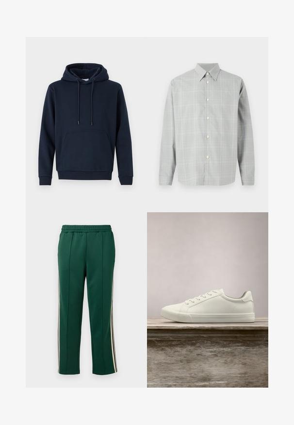 Tumesinise kapuutsiga puuvilla segu fliis, millel on nööriga kapuuts, ees tasku, soonikkoes mansetid ja äär. Sile tekstuur, lõbus disain.; Halli pika varrukaga särk, millel on hele ruuduline muster, nööpidega esiosa, terav krae ja sile kangatekstuur.; Roheline spordipüksid, millel on elastne vöökoht, kaks külge valge ja musta triibuga ning kitsenev lõige sujuva tekstuuriga.; Valged nööpidega ketsid, mis hõljuvad puidust pingil rohelise lehestiku taustal, näidates uue disaini ja tekstuuri.