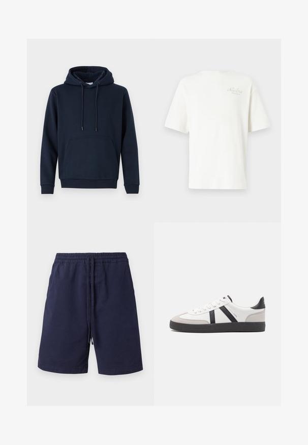 Sweat à capuche bleu marine en mélange de coton, avec un cordon de serrage, poche kangourou à l'avant, poignets et ourlet côtelés. Texture lisse, design décontracté.; T-shirt blanc à rayures avec des manches courtes, arborant un petit logo brodé en marron clair sur la zone gauche de la poitrine. Texture douce et coupe décontractée.; Shorts bleu marine en coton, avec une taille élastique et un cordon de serrage, des poches latérales et une coupe droite. Pas de motifs.; Baskets blanches avec des accents noirs et gris, présentant un embout texturé gris, une semelle en caoutchouc noir et des lacets plats blancs. Design épuré, style minimaliste.