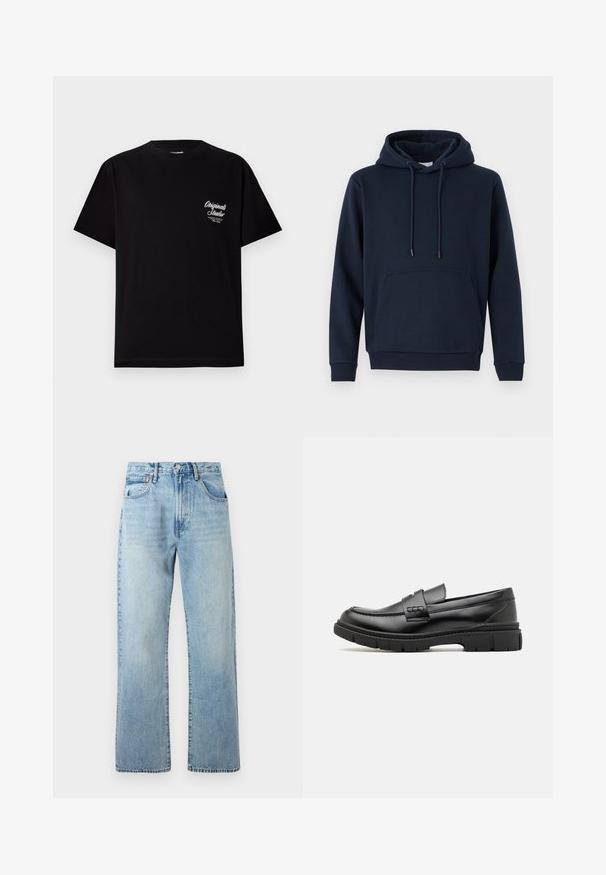 Marineblå hættetrøje i bomuldsblanding med snorhette, forlommer, ribbede manchetter og kant. Glat tekstur, afslappet design.; Sort kortærmet t-shirt lavet af bomuld. Har et lille hvidt logo på venstre brystområde. Rund halsudskæring, almindelig pasform.; Lysblå denimjeans med brede lige ben, fem lomme-design og bæltestropper i taljen. Stoffet har en let falmet tekstur.; Sort læder loafersko med en bred rem over forfoden, gummisål med tykke mønstre og glat overflade. Klassisk, slankt design.