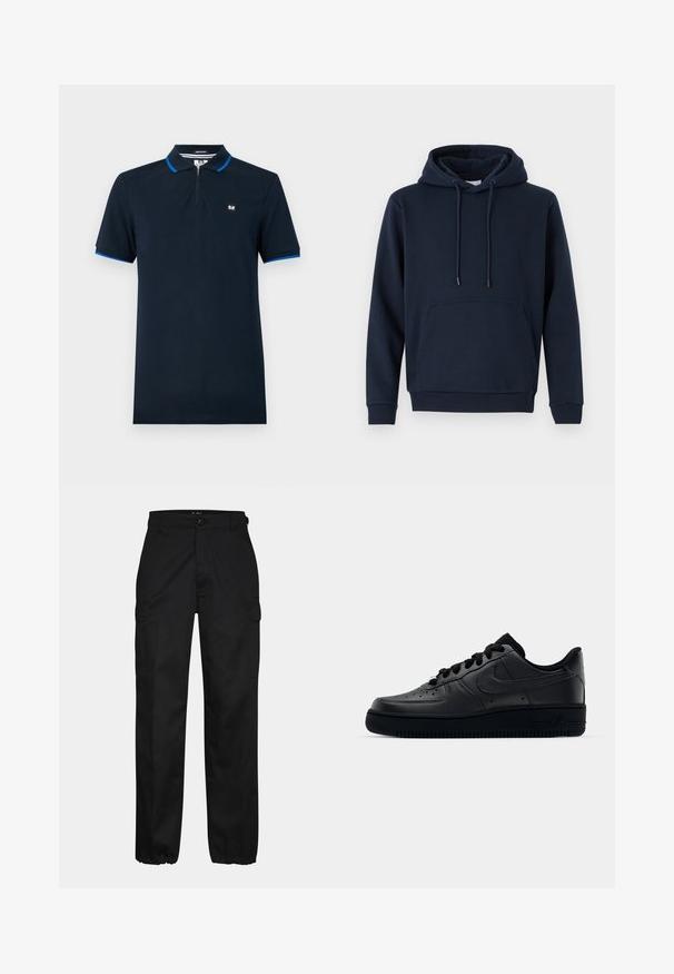 Kapuzenpullover in navyblau aus Baumwollmischung mit Kordelzug, vordertasche im Känguru-Stil, gerippten Bündchen und Saum. Glatte Textur, lässiges Design.; Navy-blaues Poloshirt aus glattem Stoff, mit einem Reißverschlusskragen, kurzen Ärmeln mit blauen Akzenten und einem kleinen Logo auf der Brust.; Schwarze Cargo-Hosen mit geradem Schnitt, ausgestattet mit Seitentaschen, einem Knopfverschluss und elastischen Bündchen an den Knöcheln. Hergestellt aus strapazierfähigem Material.; Schwarzer Nike Air Force 1 Schuh mit einem glatten Lederoberteil, perforierter Zehenpartie für Atmungsaktivität, schwarzen Schnürsenkeln und einer strukturierten Gummisohle.