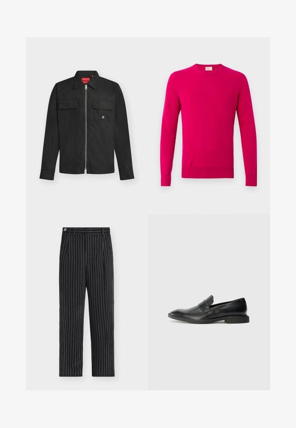 Pull rose vif à manches longues et col rond avec poignets et ourlet côtelés sur un fond clair uni.; Veste noire zippée à manches longues avec col, deux poches avant à rabat et logo HUGO visible sur la poche droite.; Pantalon noir à fines rayures verticales blanches, fermeture par boutons, passants pour ceinture et coupe droite.; Mocassins en cuir noir avec une texture lisse, un nez pointu et un petit talon rectangulaire. Présente un détail de bande horizontale sur le dessus.