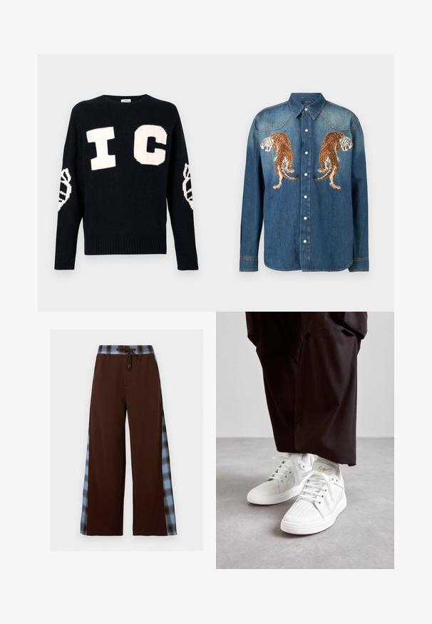 Pull en maille noire avec de grandes lettres blanches "I" et "C" sur le devant et des accents de logo sur les deux manches. Poignets et ourlet côtelés.; Chemise en jean à boutons avec col pointu, manches longues, et tigres brodés en miroir sur la poitrine.; Pantalon large marron avec bandes latérales à carreaux bleus et noirs et taille à lien coulissant.; Baskets montantes blanches en cuir lisse avec un détail perforé sur le bout, des lacets blancs plats et une subtile touche dorée sur le talon.