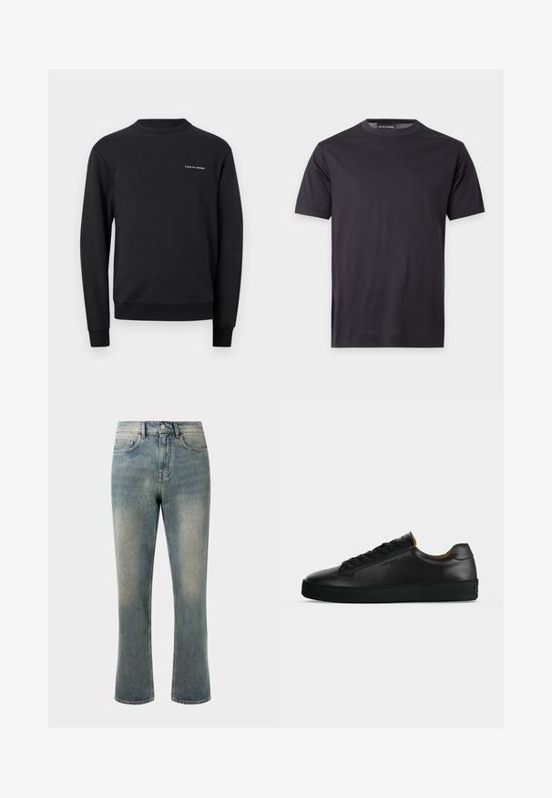Zwarte longsleeve sweater met ronde hals, geribbelde manchetten en zoom, met kleine witte tekst "Tiger of Sweden" op de linkerborst.; Eenvoudig zwart T-shirt met korte mouwen en ronde hals, met een klein tonig logo op de linkerborst en een gebrandlabelde nek.; Lichtblauwe spijkerbroek met een rechte pijp, middelhoge taille en subtiele vervaging. Beschikt over klassieke zakstyling en contraststiksel.; Zwarte lage leren sneaker met zwarte veters, gestructureerde rubberen zool en klein geperst logo aan de zijkant, zijaanzicht tegen een grijze achtergrond.