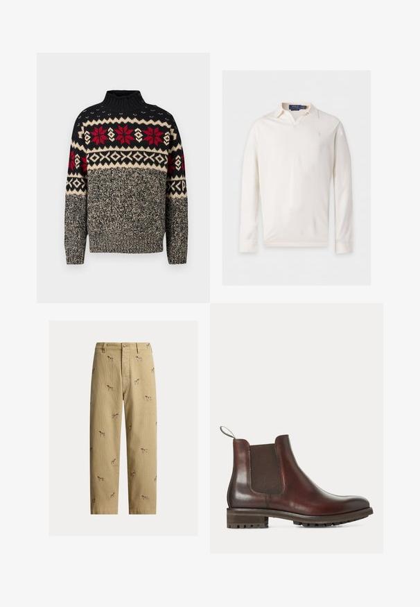 Strikket sweater i sort, creme og rød med høj krave, prydet med snefnug- og geometriske mønstre samt knapdetaljer på skulderen.; Hvid polo med lange ærmer, krave og subtilt logo på venstre bryst af Polo Ralph Lauren.; Beige fløjlsbukser med broderede hundemotiver, lige ben, fem lommer og knaplukning foran.; Brun læder Chelsea-støvle med elastisk sidepanel, træksløjfe ved hælen og chunky gummisål med slidbaner.