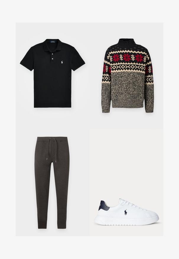 Strikket sweater i sort, creme og rød med høj krave, prydet med snefnug- og geometriske mønstre samt knapdetaljer på skulderen.; Sort polo skjorte lavet af bomuld, med en klassisk krave, tre-knaps lukning, korte ærmer og et hvidt logo på venstre bryst.; Mørkegrå joggingbukser lavet af blødt materiale, med elastisk talje med snor, tilspidsede ben og manchetter ved anklerne.; Hvid lavtop sneaker med sort hæltab og sort Polo Ralph Lauren-logo på siden, med hvide snørebånd og en tyk sål.