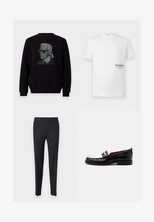 Zwarte sweatshirt met een gestileerd portret gemaakt van herhaaldelijk "KARL LAGERFELD"-tekst in het wit op de borst.; Witte crewneck T-shirt met korte mouwen en kleine zwarte tekst "KARL LAGERFELD 21 RUE ST-GUILLAUME PARIJS" op de linkerborst.; Zwarte broek met een getailleerde pasvorm, platte voorkant en geplooide broekspijpen; gemaakt van een soepel stof met riemlussen en een ritsluiting.; Zwart-witte leren loafer met gestikte details, lage hak en slip-on ontwerp, zijaanzicht op een egale achtergrond.