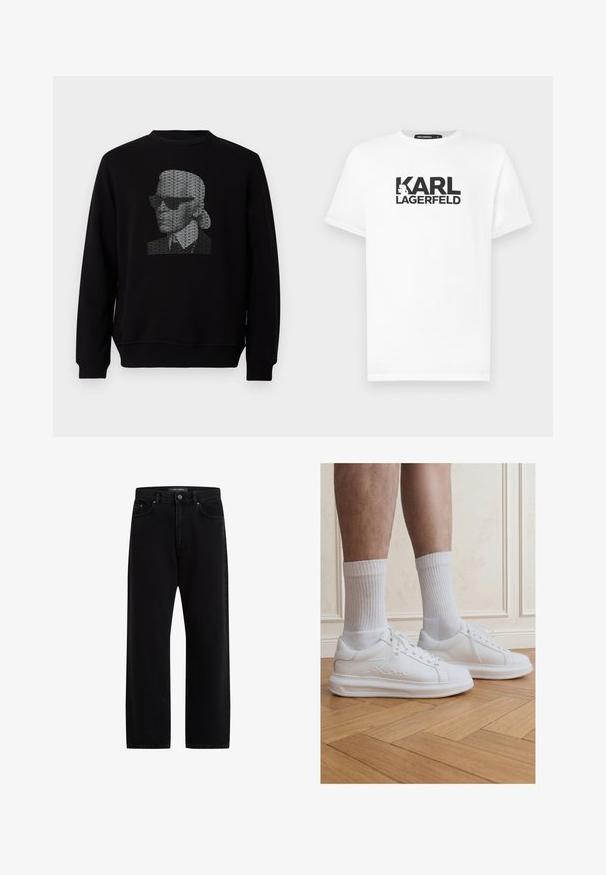 Sort sweatshirt med et stiliseret portræt lavet af gentaget "KARL LAGERFELD" tekst i hvidt på brystet.; Hvid bomulds t-shirt med korte ærmer, prydet med et sort grafisk design af teksten "KARL LAGERFELD" og et silhuetlogo.; Sorte denimbukser med en løs pasform, der har et standard fem-lomme design, knaplukning og subtil brandbroderi.; Ben iført hvide ribstrikkede crew-sokker og hvide Karl Lagerfeld sneakers stående på lyst trægulv.