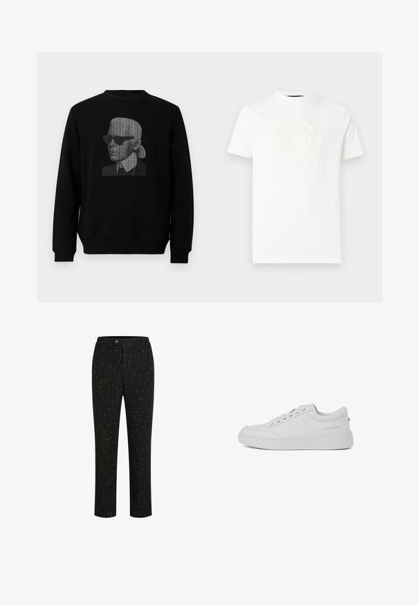 Zwarte sweatshirt met een gestileerd portret gemaakt van herhaaldelijk "KARL LAGERFELD"-tekst in het wit op de borst.; Wit T-shirt met korte mouwen en een reliëfafbeelding van een gestileerd gezicht met een zonnebril en een paardenstaart, met daaronder de tekst "KARL LAGERFELD".; Zwarte op maat gemaakte broek met een gestructureerd patroon van dunne verticale witte lijnen, een rechte snit en een knoopsluiting in de taille.; Witte leren sneakers met een klassiek low-top ontwerp, platte zool en subtiele merklogo op de hiel. Voorzien van vijf metalen oogjes voor veters.