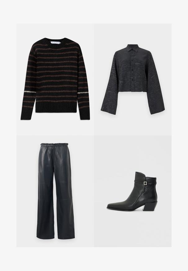Pull en tricot noir duveteux avec des rayures horizontales marron et une seule rayure blanche sur la manche gauche, présentant un col rond et un ourlet côtelé.; T-shirt noir court à manches longues, présentant un motif discret de texte imprimé sur l'ensemble. Confectionné dans un tissu lisse avec un col à revers et une fermeture à boutons.; Pantalons large en simili cuir noir avec une taille élastique, présentant une texture lisse et des coutures soignées.; Bottines en cuir noir avec un bout pointu, un petit talon carré et une sangle décorative avec une boucle en argent. Texture lisse.