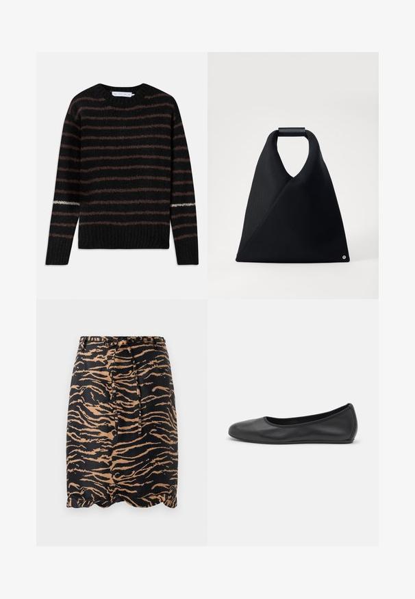 Pull en tricot noir duveteux avec des rayures horizontales marron et une seule rayure blanche sur la manche gauche, présentant un col rond et un ourlet côtelé.; Jupe rayée noir et fauve en tissu lisse, dotée d'une taille à nouer et d'un ourlet en dentelle.; Ballerines en cuir noir avec un bout rond, texture lisse, détails de couture minimalistes et design de semelle flexible.; Sac fourre-tout noir en forme triangulaire, en tissu texturé, avec une poignée arrondie et un petit détail décoratif en bas.
