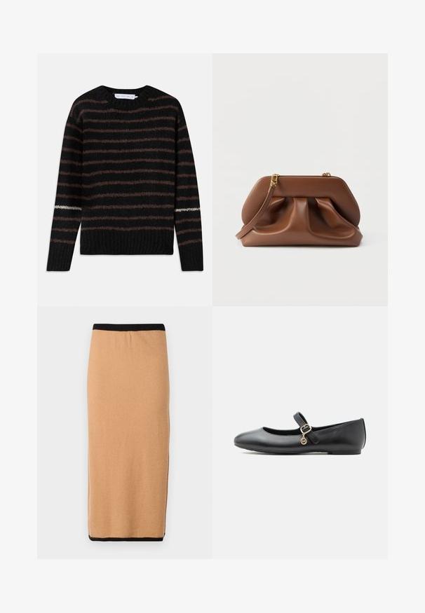 Suéter negro de punto fuzzy con rayas horizontales marrones y una única raya blanca en la manga izquierda, con cuello redondo y dobladillo acanalado.; Falda de punto color camel hasta la rodilla con una cinturilla elástica negra y una textura suave. Diseño sencillo, sin patrones ni acentos visibles.; Zapato plano Mary Jane de cuero negro con una pequeña hebilla dorada y un charm circular sobre fondo blanco.; Bolso de mano de cuero marrón con diseño fruncido, herrajes de tono dorado y correa de muñeca desmontable sobre un fondo blanco.