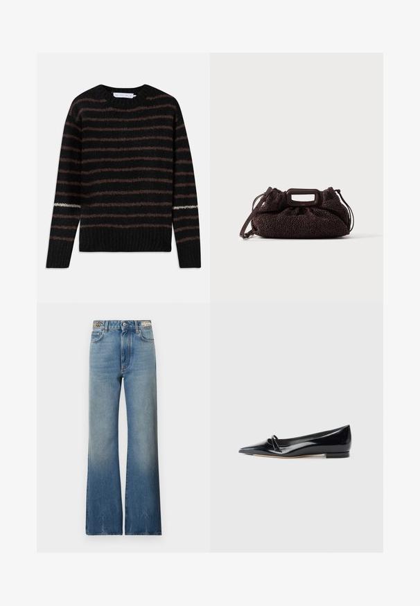 Sort fuzzy striktrøje med brune vandrette striber og en enkelt hvid stribe på venstre ærme, med rund halsudskæring og ribbet kant.; Rabanne Jeans Straight Leg - denim stone; Sorte patentlæder flade sko med spids tå, lille dekorativ rem og lav blokhæl. Glat tekstur og strømlinet design.; Mørkebrun tekstureret håndtaske med rektangulært udskåret håndtag og aftagelig skulderrem på ensfarvet lys baggrund.
