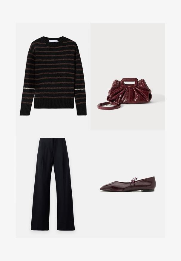 Pull en tricot noir duveteux avec des rayures horizontales marron et une seule rayure blanche sur la manche gauche, présentant un col rond et un ourlet côtelé.; Pantalon noir à rayures fines avec une coupe évasée, présentant des plis marqués et une finition soignée. Fabriqué à partir d'un tissu lisse et léger.; Ballerines en cuir verni bordeaux avec un bout pointu et un nœud décoratif violet sur le cou-de-pied ; design à semelle plate.; Petit sac à main en cuir rouge foncé avec texture froncée, poignée rectangulaire découpée pour la main et bandoulière détachable sur fond blanc.