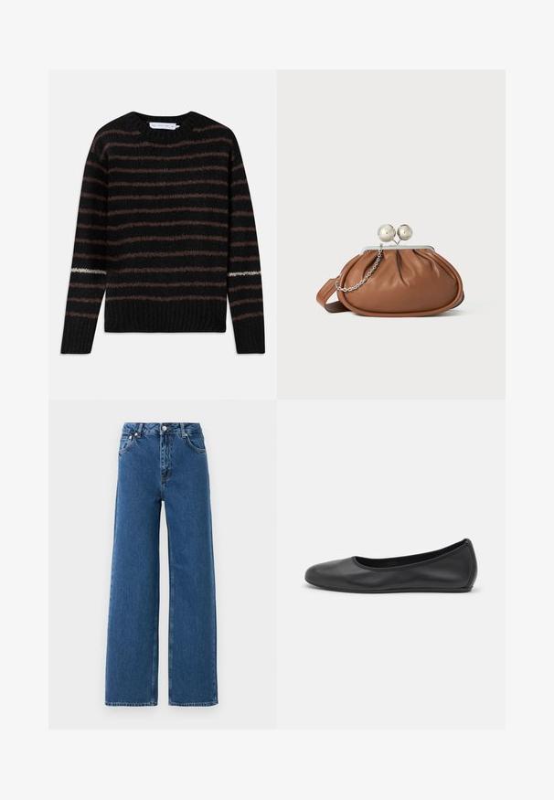 Zwarte fluweelachtige gebreide trui met bruine horizontale strepen en een enkele witte streep op de linker mouw, met een ronde halslijn en geribbelde zoom.; Blauwe hoge taille wijde pijpen jeans met sluiting met knoop en rits aan de voorkant, voorzakken en riemlussen op een witte achtergrond.; Zwarte leren ballerina met een ronde neus, gladde textuur, minimale stikdetails en een flexibele zoolontwerp.; Bruine leren clutch met een zilveren balsluiting en een klein zilveren kettingdetail op een witte achtergrond.