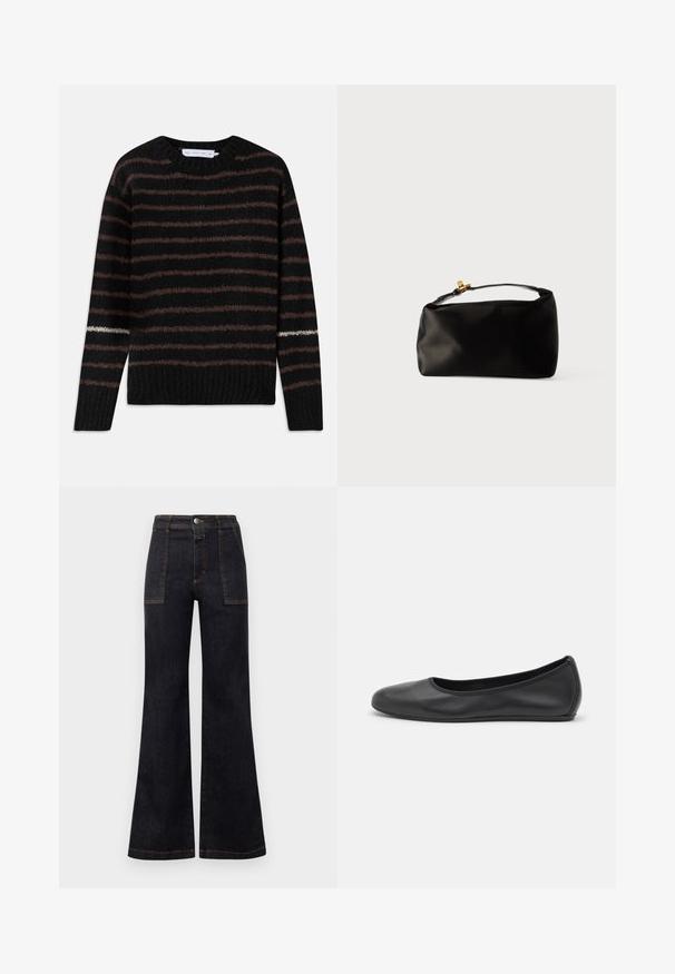 Sort fuzzy striktrøje med brune vandrette striber og en enkelt hvid stribe på venstre ærme, med rund halsudskæring og ribbet kant.; Bredde mørk denim jeans med høj talje, der har orange syninger og to forlommer. Glat tekstur, ren finish, klassisk design.; Sort læderballetsko med rund tå, glat tekstur, minimal syning og et fleksibelt såldesign.; Sort satinpung med en afrundet form, et håndtag i toppen og en guldaccentlås. Glat tekstur med et minimalistisk design.