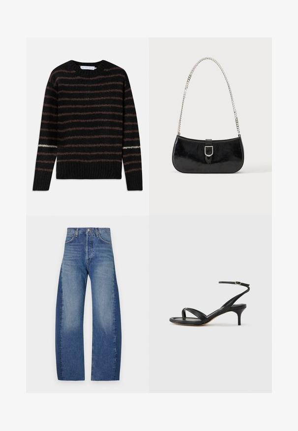 Sort fuzzy striktrøje med brune vandrette striber og en enkelt hvid stribe på venstre ærme, med rund halsudskæring og ribbet kant.; Denimjeans i en lys til mørk blå gradient, med et afslappet, bredt benfit, fem-lomme design og synlige syninger.; Sort damesandal i læder med tynde remme, en tå-loop, ankelspænde og en mellemhøj stiletthæl på en neutral baggrund.; Sort skuldertaske i laklæder med sølv spænde og sølv kæderem, vist mod en ensartet lys baggrund.