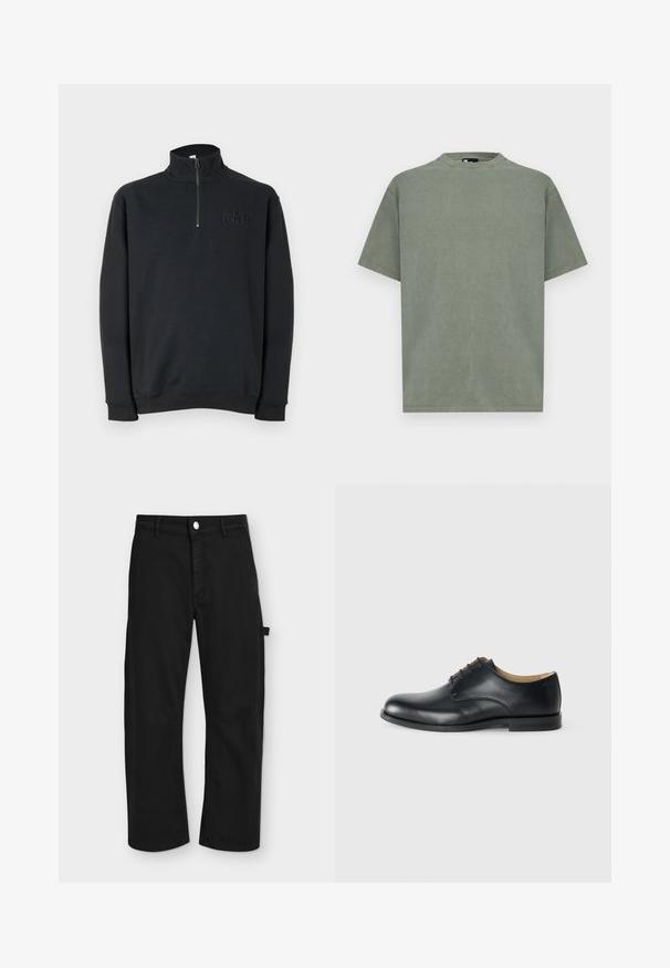 Sweat-shirt noir à manches longues avec fermeture éclair quart de zip, col montant et logo "GAP" en relief sur la poitrine gauche.; T-shirt en coton vert olive uni à manches courtes avec col rond, présenté sur un fond blanc.; Pantalon de travail noir à jambe droite avec passants de ceinture, bouton sur le devant, fermeture éclair et une boucle utilitaire sur la cuisse droite.; Calvin Klein ESS DERBY - Derbies - triple black