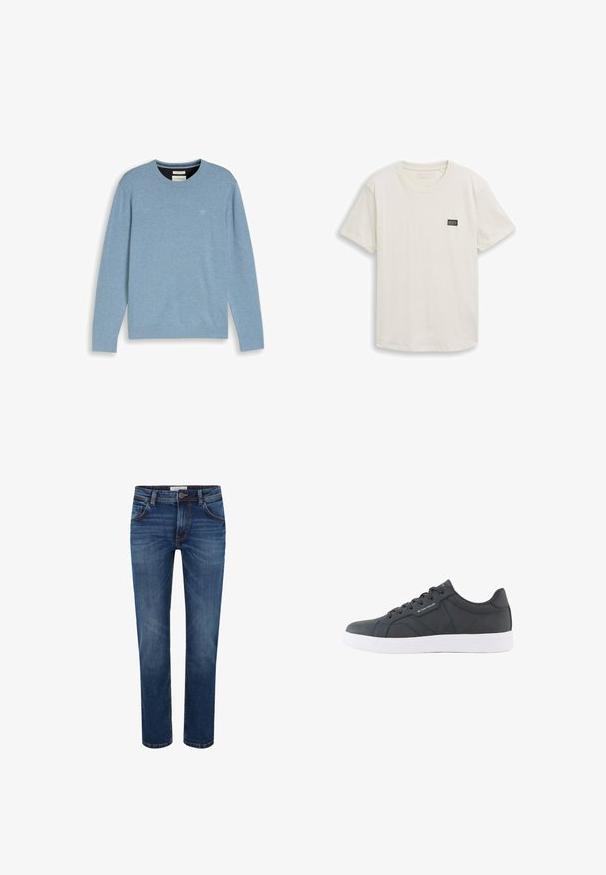 Suéter de manga larga y cuello redondo en azul claro, con puños y dobladillo acanalados, logo minimalista en el pecho, exhibido sobre fondo blanco.; Camiseta de manga corta, cuello redondo, de color blanco hueso liso, con un pequeño parche rectangular negro con logo en el pecho izquierdo.; Vaqueros de mezclilla en azul oscuro con un diseño de pierna recta, estilo de cinco bolsillos y costura en contraste. Cintura estándar con cierre de botón.; Zapatilla negra de corte bajo con suela blanca, cierre de cordones en la parte frontal y una discreta marca "Tom Tailor" en el lateral y la lengüeta.