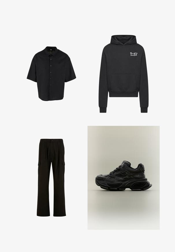 Sudadera negra confeccionada en un tejido suave. Cuenta con un bolsillo tipo canguro, puños acanalados y un gráfico en texto blanco que dice "Slurp Away" en japonés.; Camisa negra de manga corta confeccionada en un tejido ligero, con cierre de botones en el frente y un cuello clásico, con un corte relajado y estilo cuadrado.; Urban Classics WIDE - Pantalones cargo - black; Zapatilla deportiva negra y gruesa con diseño texturizado, suela gruesa y cierre de cordones mostrada sobre un fondo neutro y sencillo.