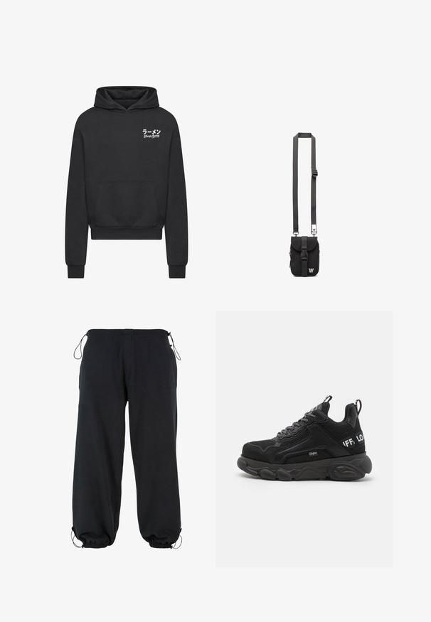 Sudadera negra confeccionada en un tejido suave. Cuenta con un bolsillo tipo canguro, puños acanalados y un gráfico en texto blanco que dice "Slurp Away" en japonés.; Pantalones de chándal negros, hechos de un tejido suave, con un corte holgado, puños elásticos y cordones en la cintura para un tamaño ajustable.; Zapatillas negras con suela gruesa, parte superior de malla y ante, diseño de cordones y acentos de logo. Detalles texturizados en los lados y la parte posterior.; Bolso cruzado de tela negra con correa ajustable, solapa frontal y bolsillo con cremallera. Presenta herrajes de marca y una forma rectangular compacta.