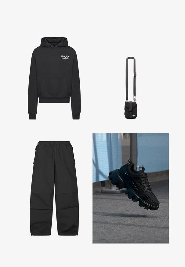 Sudadera negra confeccionada en un tejido suave. Cuenta con un bolsillo tipo canguro, puños acanalados y un gráfico en texto blanco que dice "Slurp Away" en japonés.; Pantalones de algodón negros con una cintura elástica, dos bolsillos laterales y un corte relajado. Presenta costuras y un diseño minimalista.; Zapatilla negra y gruesa con suela de taco grueso flotando sobre un pavimento gris, con un fondo desenfocado azul claro y gris.; Bolso cruzado de tela negra con correa ajustable, solapa frontal y bolsillo con cremallera. Presenta herrajes de marca y una forma rectangular compacta.