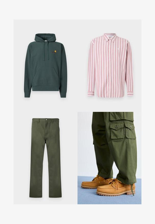 Sweat à capuche vert foncé en coton, avec une poche kangourou, des cordons de serrage, et un petit logo orange et bordeaux sur la poitrine.; Chemise à boutons rayée rose et blanche. Comprend un col, des manches longues et un petit logo. Fabriquée en tissu tissé.; Pantalon vert olive en tissu durable, avec une coupe droite, des poches avant et une fermeture à bouton. Texture lisse.; Timberland AUTHENTIC 3 EYE - Chaussures bateau - wheat