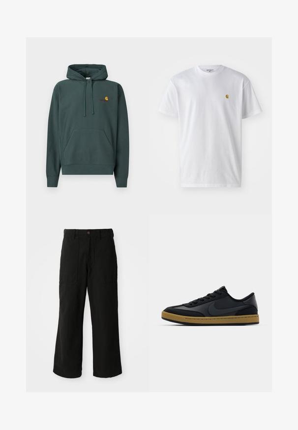 Donkergroene hoodie van katoen, voorzien van een kangaroovak, trekkoorden en een klein logo in oranje en bordeaux op de borst.; Witte katoenen t-shirt met korte mouwen en ronde hals, voorzien van een klein gouden logo op de linkerkant van de borst. Zachte textuur en een normale pasvorm.; Zwarte wijde broek van zachte stof, met voorzakken en een knoopsluiting in de taille. Minimalistisch ontwerp zonder zichtbare patronen.; Zwarte leren sneaker met een laag ontwerp, vetersluiting, rubberen zool en gumkleurige accenten. Voorzien van een zijlogo en gestructureerde materialen.
