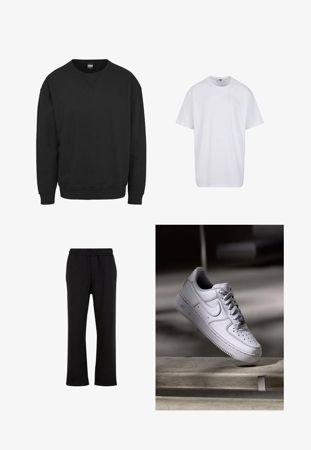 Sort crewneck sweatshirt med lange ærmer, ribbet manchetter og talje, lavet af blødt bomuldsblandingsstof. Ingen grafik eller mønstre.; Hvid, kortærmet bomulds-T-shirt med rund hals og synligt størrelses- og mærkelabel inde i kraven.; Urban Classics Træningsbukser - black; Hvid læder Nike Air Force 1 sneaker med perforeret tå, flade snørebånd og tekstureret gummisål med "AIR" branding på siden.