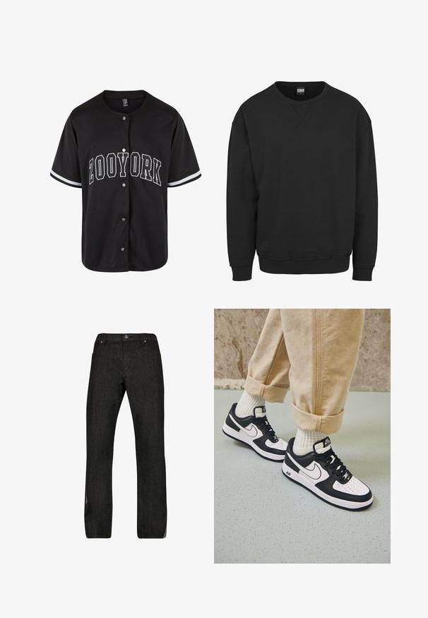 Schwarzer Rundhalsausschnitt-Pullover mit langen Ärmeln, gerippten Bündchen und Saum, gefertigt aus weichem Baumwollmischgewebe. Keine grafischen oder mustergestützten Details.; Schwarzes kurzärmliges Trikot mit Knopfverschluss, "ZOOYORK" in fetten weißen Buchstaben gedruckt, mit kontrastierenden weißen Streifen an den Ärmeln.; Schwarze Jeans aus Denim mit geradem Bein, fünf Taschen und einem Metallknopfverschluss. Der Stoff hat eine leicht strukturierte Oberfläche und minimale Verblassung.; Schwarz-weiße Nike Air Force 1 Sneaker mit einem Obermaterial aus Leder, perforierter Zehenpartie und strukturiertem Sohlendesign, getragen mit aufgerollten beigen Hosen und weißen Socken.