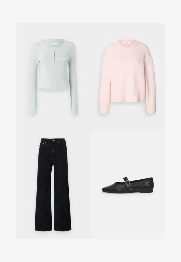 Lyserød strikket sweater, afslappet pasform, rund halsudskæring, ribbet kant og manchetter, blød tekstur, faldende skuldre, uden synlige lukninger eller mønstre.; Lysegrøn ribbet langærmet top med rund halsudskæring, knaplukning og et diskret præget logo på brystet. Blød tekstur.; Red Bull Racing x Pepe Jeans STRAIGHT FIT - Wide leg - blue denim; Sorte læder flade sko med rund tå, et enkelt justerbart spænde og en glat, blank overflade. Minimalistisk design med en lav hæl.
