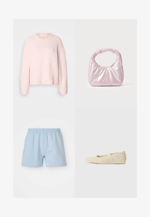 Hellrosa gestrickter Pullover, locker geschnitten, Rundhalsausschnitt, gerippter Saum und Bündchen, weiche Textur, überschnittene Schultern, keine sichtbaren Verschlüsse oder Muster.; Helle blaue Baumwollshorts mit einem elastischen Bund. Sie haben eine einfache, glatte Textur und enden auf Oberschenkelhöhe. Keine Taschen.; Beige Ballerinas aus glattem Leder mit mandelförmiger Zehenpartie und elastischem Riemen über dem Fußrücken, ausgestattet mit dezenten Nähtelementen.; Rosa, gepolsterte Handtasche mit abgerundeter Form, aus glänzendem Material gefertigt. Verfügt über einen gerafften Griff und einen Reißverschluss für sicheren Zugang.