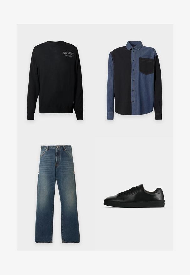 Pull en tricot noir à manches longues, col rond et poignets côtelés. Présente les inscriptions "JUST CAVALLI" et "FIRED EARTH" brodées en blanc.; Chemise à boutons avec un design déstructuré : côté gauche noir, côté droit bleu denim, avec une poche poitrine et un détail de marque au-dessus.; Jean en denim bleu à jambes droites avec taille mi-haute, design classique à cinq poches et légère décoloration subtile sur les cuisses et les genoux.; Basket basse en cuir noir avec lacets noirs et semelle épaisse noire, vue de profil sur fond gris clair.