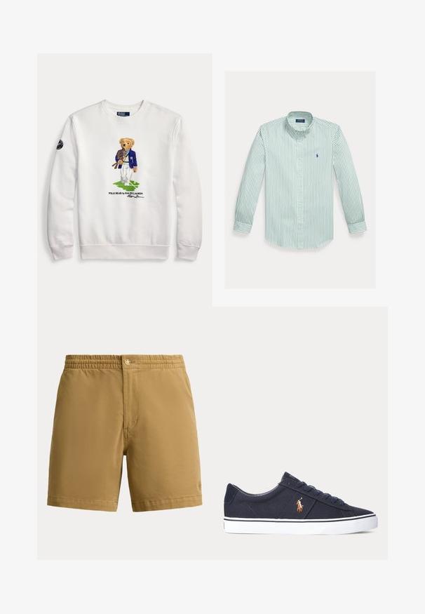 Witte trui met een teddybeer gekleed in een blauwe blazer, die tennisrackets vasthoudt en staat op een groen tennisbaandeel.; Overhemd met knopen in groene en witte verticale strepen, gemaakt van katoen. Heeft een klassieke kraag, lange mouwen en een klein logo op de borst.; Herenshort in zandkleur met elastische tailleband en knoopsluiting, eenvoudig ontwerp, midden boven het dijbeen, gemaakt van gladde stof.; Donkerblauwe lage sneaker met witte zool, donkerblauwe veters en een klein geborduurd polo-spelerlogo aan de zijkant.