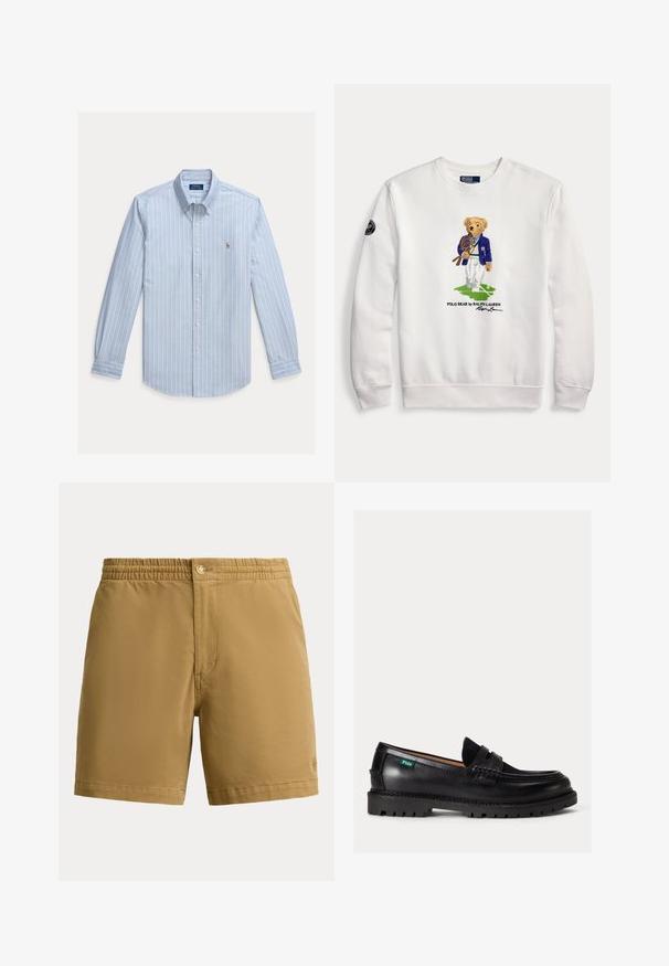 Weißer Sweatshirt mit einem Teddybären, der einen blauen Blazer trägt, Tennisschläger hält und auf einem grünen Tennisplatz steht.; Hellblaues Langarm-Hemd mit weißen vertikalen Streifen und einem kleinen gestickten Polo Ralph Lauren Logo auf der Brust.; Helle Herren-Shorts mit elastischem Bund und Knopfverschluss, schlichtes Design, mittellange Oberschenkellänge, aus glattem Stoff hergestellt.; Schwarzer Lederloafer mit dicker Sohle, abgerundeter Spitze und grünem Polo-Logo-Label an der Seite.
