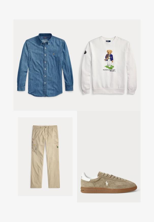 White sweatshirt with a teddy bear dressed in a blue blazer holding tennis rackets standing on a green tennis court patch.; Long-sleeve blue denim button-up shirt with collar and small embroidered logo on the left chest next to the buttons.; Beige cotton pants featuring embroidered graphics, including trees and mountains, with a button closure and belt loops.; Suede sneaker in tan with white accents, round toe, and lace-up design. Features embossed logo and rubber sole for traction.
