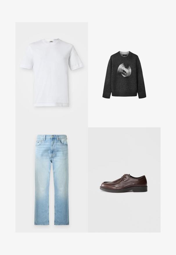 Dunkelgrauer Pullover mit Rundhalsausschnitt und langen Ärmeln, vorne mit einem verschwommenen kreisförmigen "ALLSAINTS"-Logo-Design.; Weißes Baumwoll-T-Shirt mit kurzen Ärmeln, Rundhalsausschnitt und glatter Textur. Keine Muster oder Akzente sind sichtbar.; Hellblaue Jeans mit geradem Bein, Fronttaschen, Gürtelschlaufen und Knopfverschluss auf schlichtem weißem Hintergrund.; Braune Lederdressschuhe mit einer abgerundeten Spitze, minimalen Nähakzenten und einer robusten schwarzen Sohle. Verfügt über eine Schnürung und eine glatte Textur.