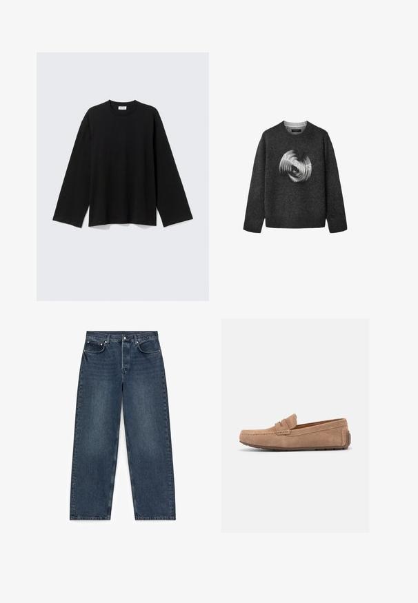 Jersey de manga larga y cuello redondo de color gris oscuro con un diseño difuminado circular del logo "ALLSAINTS" en el frente.; Camiseta negra de manga larga con cuello redondo, ajuste relajado, dobladillo recto y sin patrones ni logotipos visibles sobre un fondo claro.; Vaqueros de denim azul oscuro de pierna recta con cinco bolsillos y cierre de botón, extendidos sobre un fondo blanco.; Mocasín de ante marrón claro con suela de goma, costura moc toe y tira de centavo a través del empeine, mostrado de perfil sobre fondo blanco.