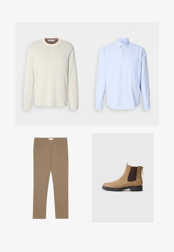 Suéter de pulóver color crema claro con cuello redondo, mangas largas y textura de tejido suave. Presenta un cuello de color marrón en contraste.; Camisa de botón azul claro con rayas verticales en blanco y colores pastel, fabricada en algodón suave, con dos bolsillos en el pecho y mangas largas.; Pantalones de algodón elásticos color beige con un diseño de pierna recta, estilo de cinco bolsillos y acentos de herrajes metálicos. Textura suave y detalles de costura clásica.; Botín de ante marrón claro con puntera redondeada, paneles laterales elásticos, una lengüeta en la parte trasera y una suela de goma texturizada para mayor tracción.
