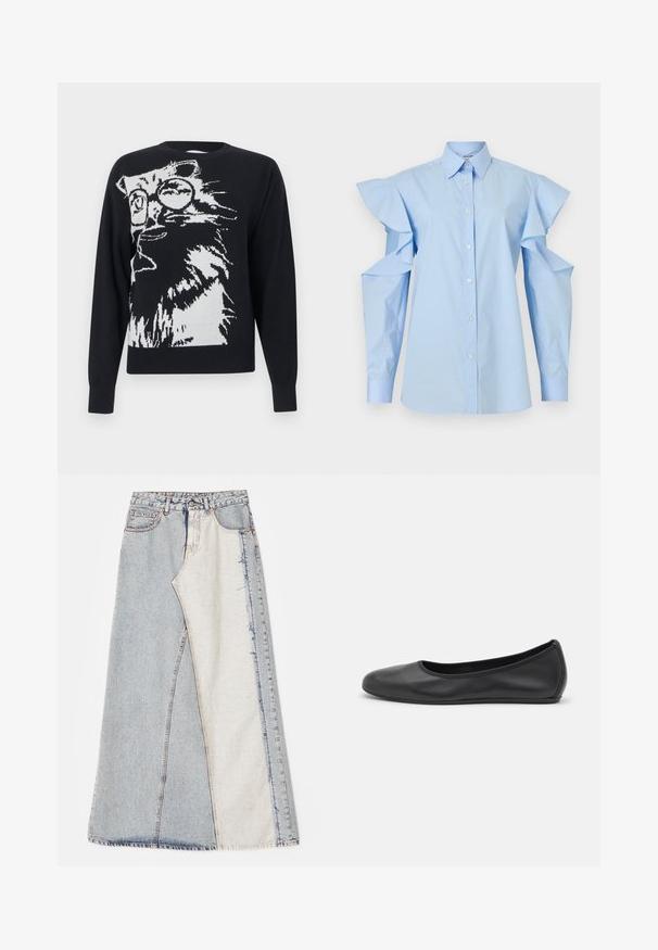 Sort sweater med en stor hvid grafik af en kat, der bærer runde briller og vender mod venstre på forsiden.; Lyseblå bluse med knapper, spids krave og lange ærmer med udskårne skuldre og flæsedetaljer.; Denim nederdel med patchwork design bestående af lyse og mellemblå sektioner, frayed kanter og høj talje. Klassisk fem-lomme stil.; Sort læderballetsko med rund tå, glat tekstur, minimal syning og et fleksibelt såldesign.